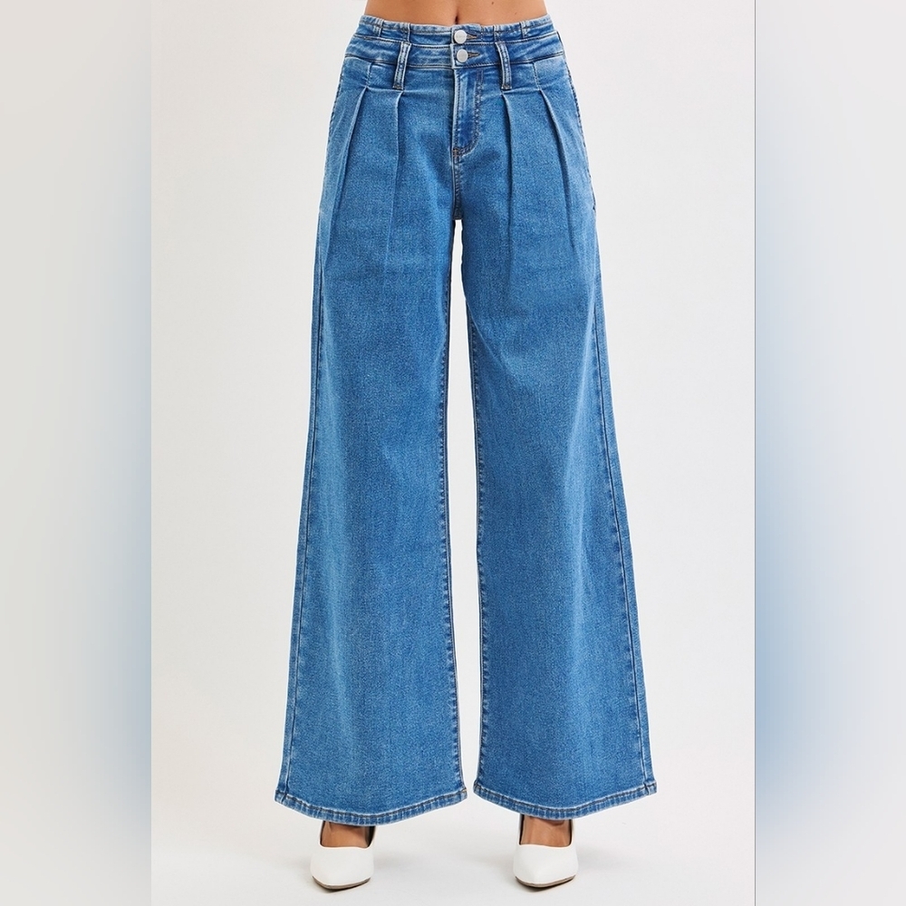 Risen MR Medium Wash Wide Leg Jeans Pleated Double Button Retro 80's Various NEW - Picture 14 of 15